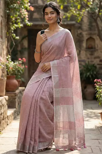 Elegant mauve woven linen saree with contrast zari border & tassels  soft & breathable party wear