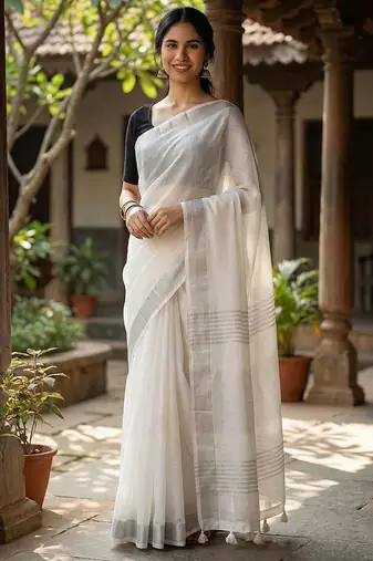 Elegant white woven linen saree with contrast zari border & tassels     soft & breathable party wear