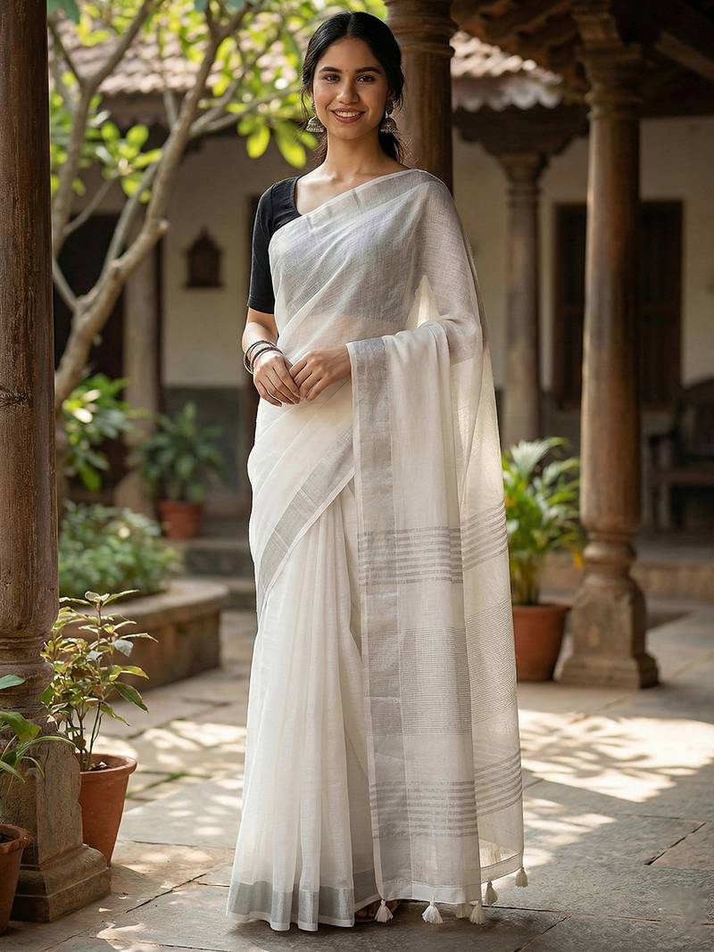 Elegant white woven linen saree with contrast zari border & tassels     soft & breathable party wear