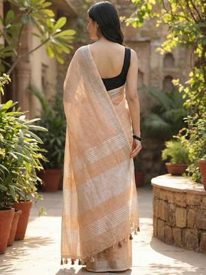Elegant tan woven linen saree with contrast zari border & tassels  soft & breathable party wear 2