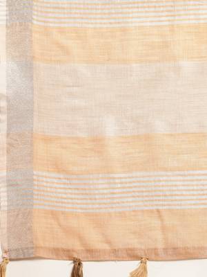 Elegant tan woven linen saree with contrast zari border & tassels  soft & breathable party wear 3