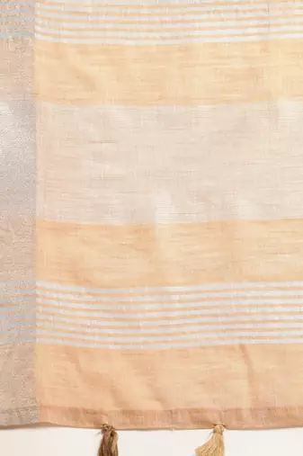Elegant tan woven linen saree with contrast zari border & tassels  soft & breathable party wear