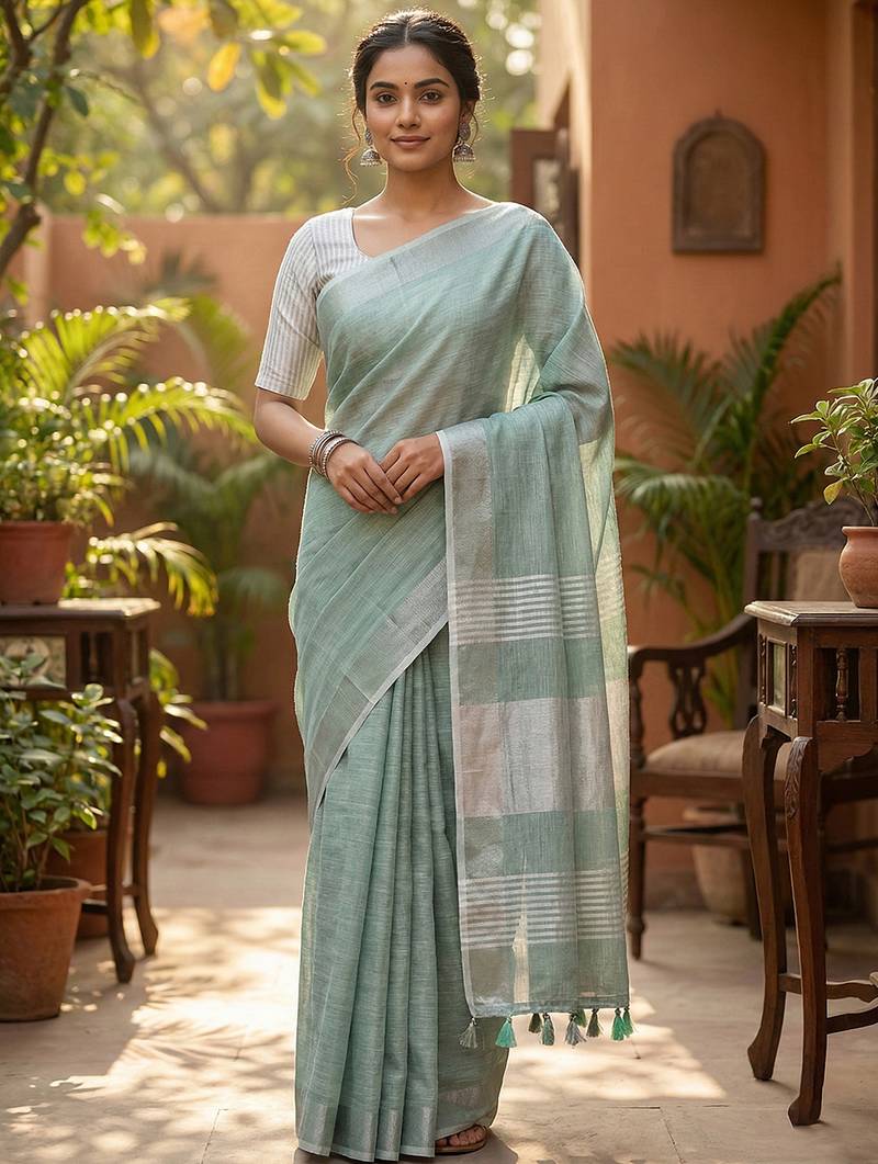Elegant sea green woven linen saree with contrast zari border & tassels     soft & breathable party wear