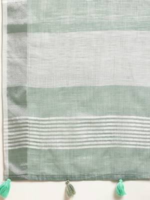 Elegant sea green woven linen saree with contrast zari border & tassels  soft & breathable party wear 4