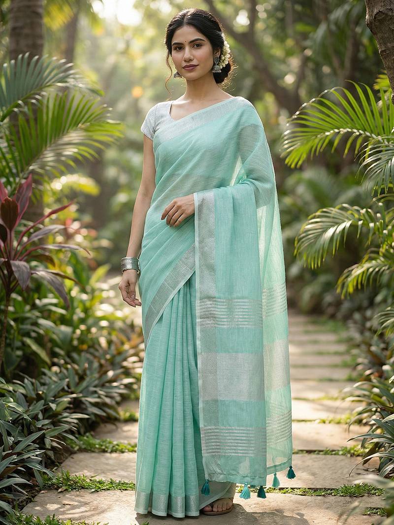 Elegant turquoise woven linen saree with contrast zari border & tassels     soft & breathable party wear