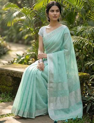 Elegant turquoise woven linen saree with contrast zari border & tassels  soft & breathable party wear 2
