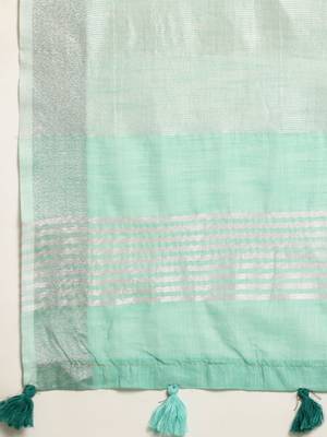 Elegant turquoise woven linen saree with contrast zari border & tassels  soft & breathable party wear 3