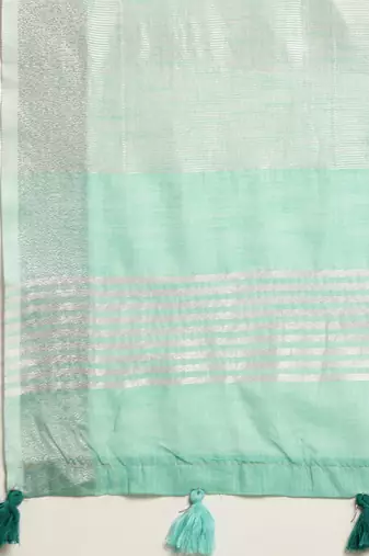 Elegant turquoise woven linen saree with contrast zari border & tassels  soft & breathable party wear