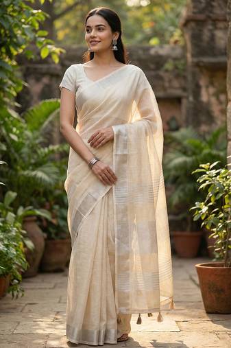 Elegant beige woven linen saree with contrast zari border & tassels     soft & breathable party wear