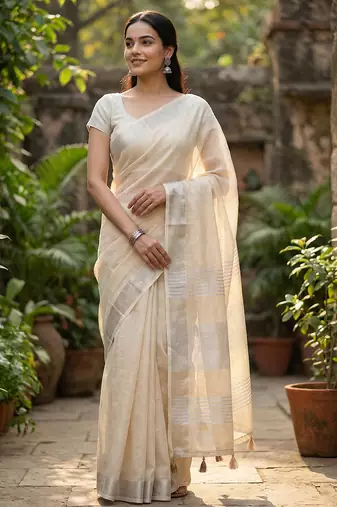 Elegant beige woven linen saree with contrast zari border & tassels     soft & breathable party wear