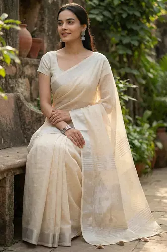Elegant beige woven linen saree with contrast zari border & tassels  soft & breathable party wear