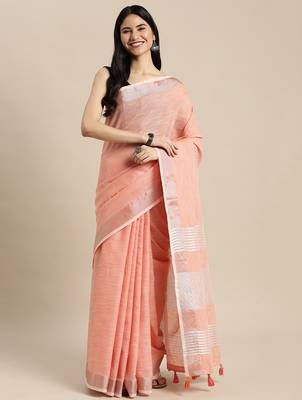 Elegant peach woven linen saree with contrast zari border & tassels  soft & breathable party wear 1