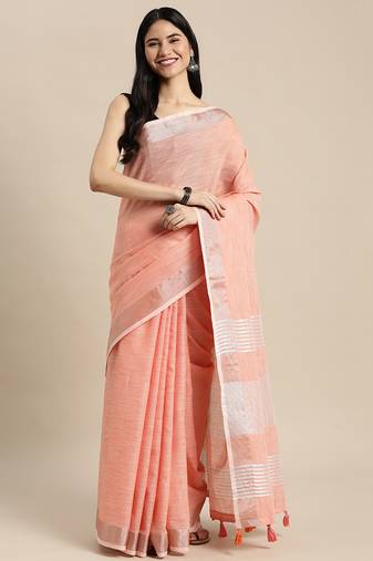 Elegant peach woven linen saree with contrast zari border & tassels     soft & breathable party wear