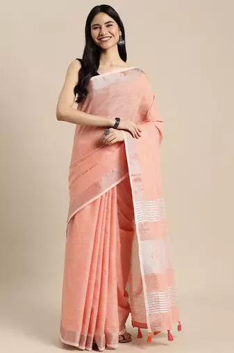 Elegant peach woven linen saree with contrast zari border & tassels     soft & breathable party wear