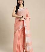 Elegant peach woven linen saree with contrast zari border & tassels     soft & breathable party wear