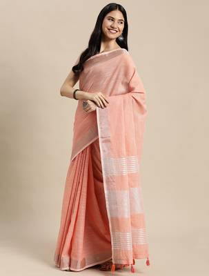 Elegant peach woven linen saree with contrast zari border & tassels  soft & breathable party wear 2