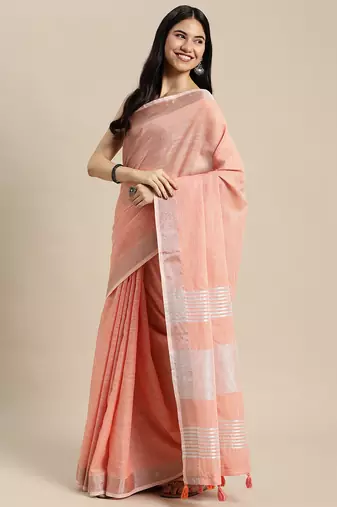 Elegant peach woven linen saree with contrast zari border & tassels  soft & breathable party wear