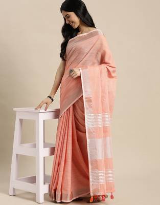 Elegant peach woven linen saree with contrast zari border & tassels  soft & breathable party wear 3