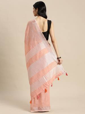 Elegant peach woven linen saree with contrast zari border & tassels  soft & breathable party wear 4