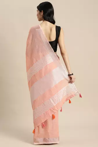 Elegant peach woven linen saree with contrast zari border & tassels  soft & breathable party wear