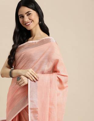 Elegant peach woven linen saree with contrast zari border & tassels  soft & breathable party wear 5