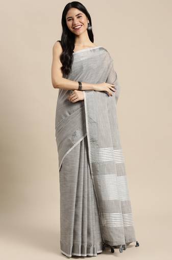 Elegant grey woven linen saree with contrast zari border & tassels     soft & breathable party wear