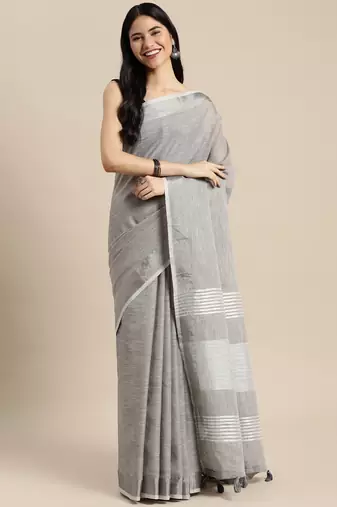 Elegant grey woven linen saree with contrast zari border & tassels     soft & breathable party wear