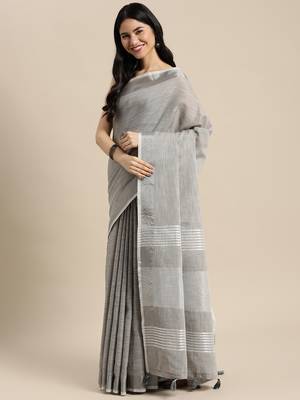 Elegant grey woven linen saree with contrast zari border & tassels  soft & breathable party wear 2