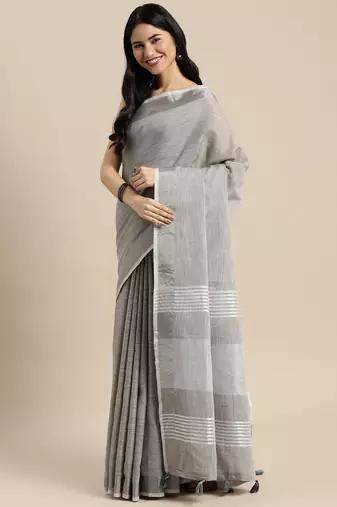 Elegant grey woven linen saree with contrast zari border & tassels  soft & breathable party wear