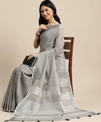 Elegant grey woven linen saree with contrast zari border & tassels  soft & breathable party wear 3