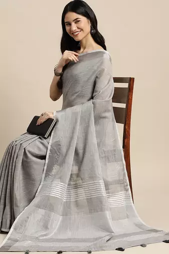 Elegant grey woven linen saree with contrast zari border & tassels  soft & breathable party wear