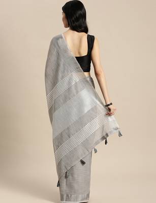 Elegant grey woven linen saree with contrast zari border & tassels  soft & breathable party wear 5