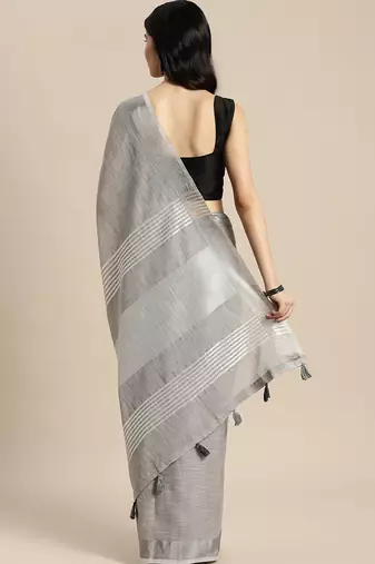 Elegant grey woven linen saree with contrast zari border & tassels  soft & breathable party wear