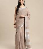 Elegant brown woven linen saree with contrast zari border & tassels     soft & breathable party wear