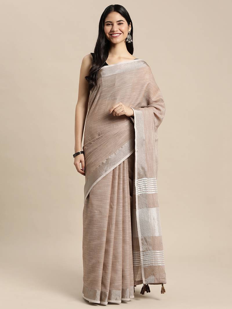 Elegant brown woven linen saree with contrast zari border & tassels     soft & breathable party wear