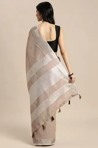 Elegant brown woven linen saree with contrast zari border & tassels  soft & breathable party wear