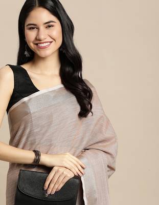 Elegant brown woven linen saree with contrast zari border & tassels  soft & breathable party wear 5