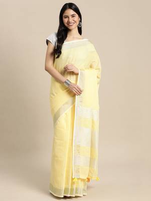 Elegant yellow woven linen saree with contrast zari border & tassels  soft & breathable party wear 1