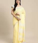 Elegant yellow woven linen saree with contrast zari border & tassels     soft & breathable party wear