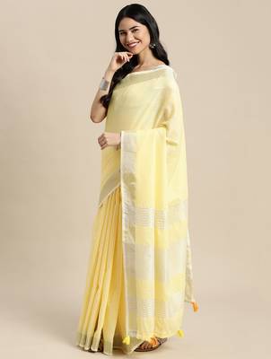 Elegant yellow woven linen saree with contrast zari border & tassels  soft & breathable party wear 2