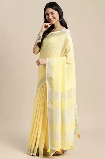 Elegant yellow woven linen saree with contrast zari border & tassels  soft & breathable party wear
