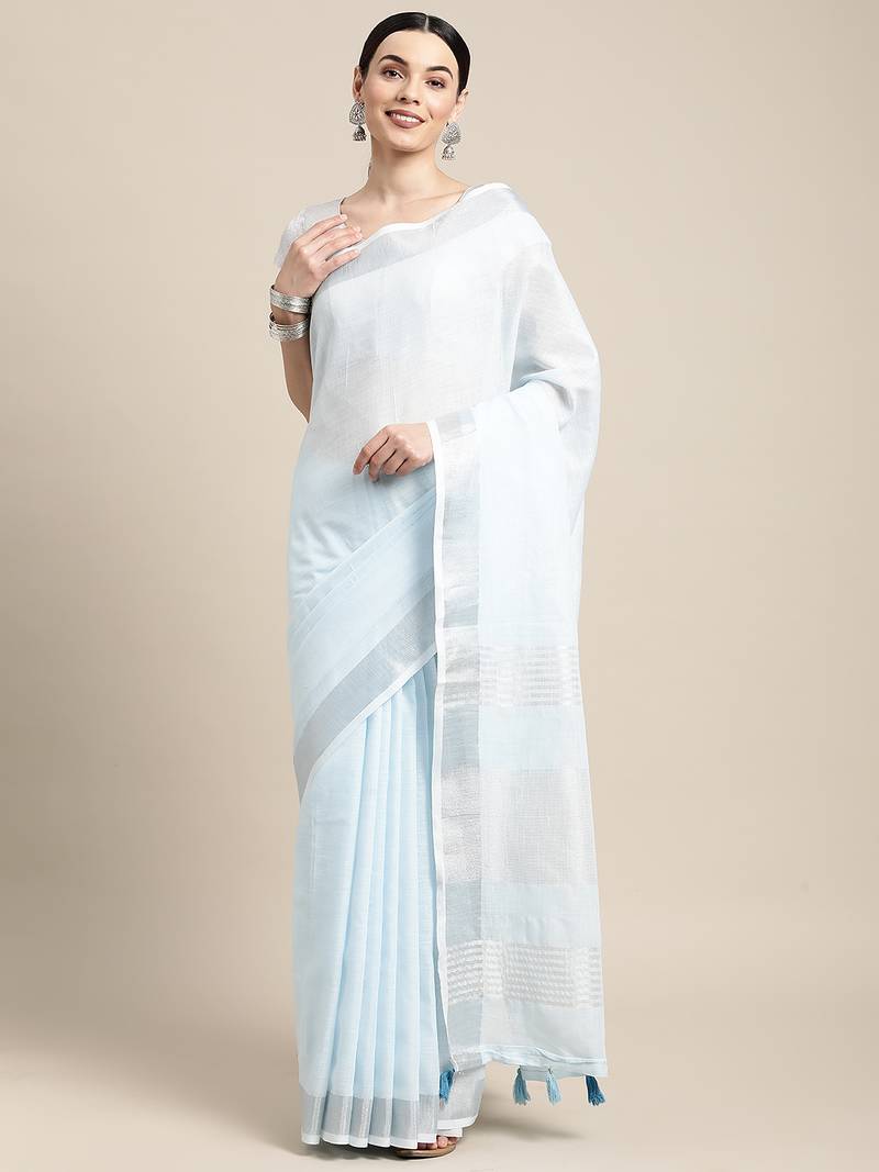 Elegant sky blue woven linen saree with contrast zari border & tassels     soft & breathable party wear
