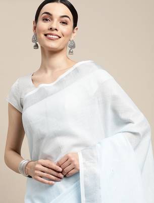 Elegant sky blue woven linen saree with contrast zari border & tassels  soft & breathable party wear 3