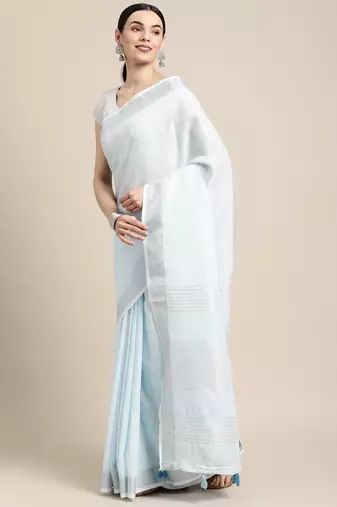 Elegant sky blue woven linen saree with contrast zari border & tassels  soft & breathable party wear