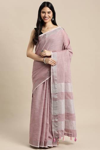 Elegant mauve woven linen saree with contrast zari border & tassels     soft & breathable party wear