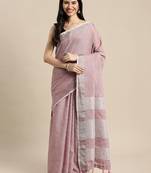 Elegant mauve woven linen saree with contrast zari border & tassels     soft & breathable party wear