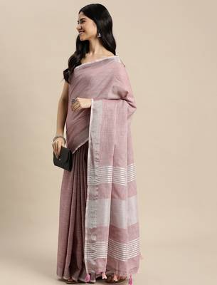 Elegant mauve woven linen saree with contrast zari border & tassels  soft & breathable party wear 3