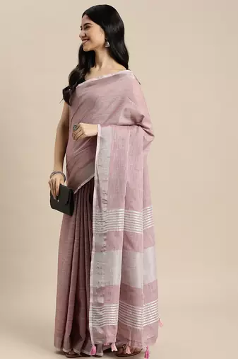 Elegant mauve woven linen saree with contrast zari border & tassels  soft & breathable party wear