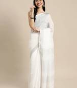 Elegant white woven linen saree with contrast zari border & tassels     soft & breathable party wear