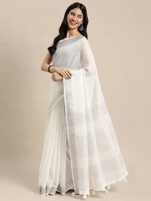 Elegant white woven linen saree with contrast zari border & tassels  soft & breathable party wear 2
